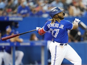 Vladimir Guerrero Jr. of the Blue Jays hits a home run against the Detroit Tigers at Rogers Centre on August 20, 2021 in Toronto.