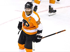 Claude Giroux of the Philadelphia Flyers celebrates after scoring a goal against the New York Islanders during the second period in Game 5 of the Eastern Conference Second Round during the 2020 NHL Stanley Cup Playoffs at Scotiabank Arena on Sept. 1, 2020 in Toronto.