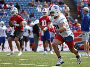 Bills wide receiver Cole Beasley (11) runs a play during training camp at Highmark Stadium in Orchard Park, N.Y., July 31, 2021.