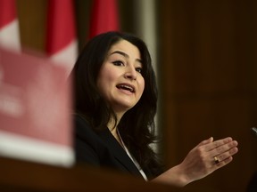 Minister for Women and Gender Equality and Rural Economic Development Maryam Monsef speaks during a press conference  on broadband internet in Ottawa on Nov. 9, 2020.