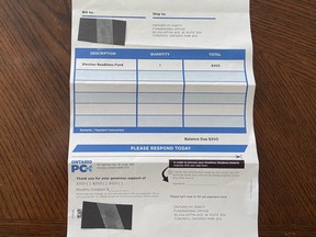 A fundraising letter received in the mail from the Ontario Progressive Conservative party is shown in North Bay, Ont., in this recent handout photo. Opposition parties are raising concerns that the letter, which appears to ask for donations to the Ontario Progressive Conservative Party, could trick people in giving money because it resembles an invoice.