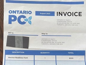 A fundraising letter received in the mail from the Ontario Progressive Conservative Party is shown in North Bay, Ont.
