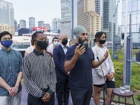 NDP Leader Jagmeet Singh responds to questions during a news conference in Toronto, Saturday, Aug. 21, 2021.
