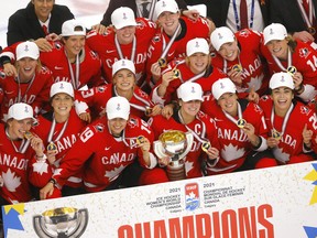 Team Canada beats Team USA in overtime action during the 2021 IIHF Women’s World Championship Gold medal game at the Winsport arena in Calgary on Tuesday, August 31, 2021.