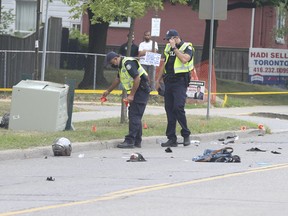 A 39-year-old male motorcyclist is dead after the bike he was riding southbound on Caledonia Rd. south of Lawrence Ave. W. was clipped by a white Toyota travelling northbound and making a left-hand turn into the oncoming motorcycle.