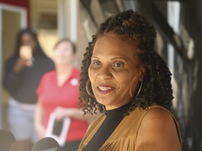 Beverley De Grasse speaks to media in her Pickering backyard about her son Andre De Grasse, who won the gold medal in the 200-metre final at the Tokyo 2020 Olympics on Wednesday August 4, 2021.