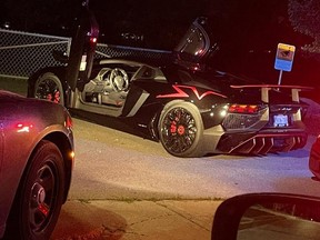In image tweeted by Peel police of a Lamborghini officers say was caught racing a Mercedes in Mississauga.