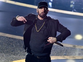 Eminem performs on stage during the 92nd Oscars at the Dolby Theatre in Hollywood on February 9, 2020.