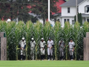 Players enter the Field of Dreams before a game between the Chicago White Sox and the New York Yankees.