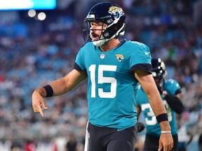 Gardner Minshew of the Jacksonville Jaguars calls a play in the second quarter against the Cleveland Browns during a preseason game at TIAA Bank Field on Aug. 14, 2021 in Jacksonville, Fla.