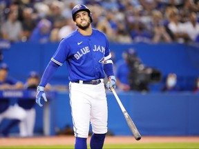 George Springer of the Toronto Blue Jays reacts during an at bat against the Baltimore Orioles in the fifth inning during their MLB game at the Rogers Centre on Aug. 31, 2021 in Toronto.