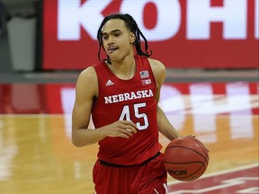 Dalano Banton of the Nebraska Cornhuskers handles the ball during a game against the Wisconsin Badgers at Kohl Center on December 22, 2020 in Madison, Wisconsin.