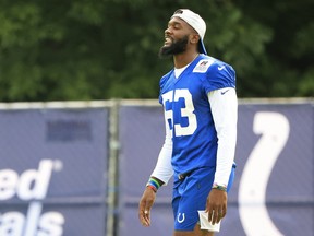 Darius Leonard of the Indianapolis Colts on the field during the Indianapolis Colts Training Camp at Grand Park on July 30, 2021 in Westfield, Ind.