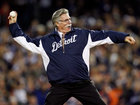 Former Detroit Tigers pitcher Jack Morris throws out the ceremonial first pitch against the New York Yankees during game three of the American League Championship Series at Comerica Park on October 16, 2012 in Detroit, Michigan.