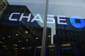 A sign for a Chase bank branch is posted in Manhattan on February 24, 2015 in New York City.