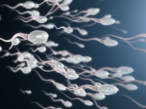 3d illustration of sperm cells moving to the right.