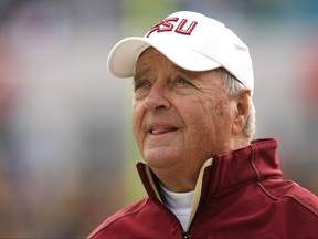 Head coach Bobby Bowden of the Florida State Seminoles watches his team take on the West Virginia Mountaineers during the Konica Minolta Gator Bowl on Jan. 1, 2010 in Jacksonville, Fla.