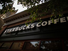 The Starbucks logo is seen outside a store in Philadelphia.