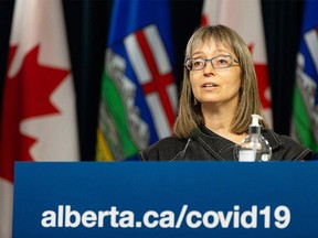 Dr. Deena Hinshaw, Alberta's chief medical officer of health, gives a COVID-19 pandemic update from the media room at the Alberta legislature in Edmonton on Wednesday, July 28.