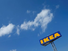The logo of Ikea is seen above a store in Voesendorf, Austria, April 24, 2017.