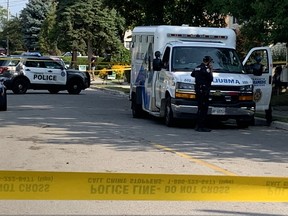 Toronto Police at James and 39th Sts. after a man was found with obvious trauma in the intersection and died on Friday, Aug. 27, 2021.