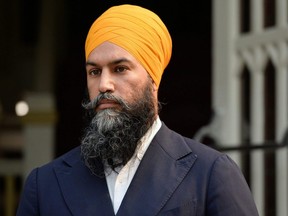New Democratic Party Leader Jagmeet Singh looks on following a meeting with indigenous leaders at the former residential school in Kamloops, B.C., July 29, 2021.