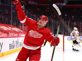 Jakub Vrana of the Detroit Red Wings celebrates his second period goal while playing the Chicago Blackhawks at Little Caesars Arena on April 15, 2021 in Detroit, Mich.