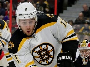 Jimmy Hayes is action while playing with the Boston Bruins against the Ottawa Senators at Canadian Tire Centre in Ottawa, Nov. 4, 2016.