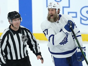 Toronto Maple Leafs forward Joe Thornton complains about his interference penalty against the Jets in Winnipeg on Thurs., April 22, 2021.