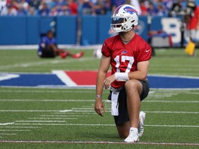 Bills quarterback Josh Allen watches a drill during training camp at Highmark Stadium in Orchard Park, N.Y., July 31, 2021.