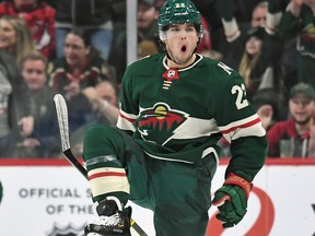 Minnesota Wild forward Kevin Fiala celebrates his power play goal during in the first period of a game with the Washington Capitals at Xcel Energy Center in St. Paul, Minn. on March 1, 2020.