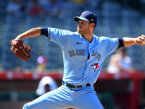 Blue Jays starting pitcher Steven Matz in a game against the Los Angeles Angels at Angel Stadium.
