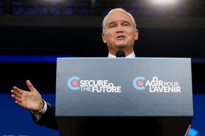Conservative Party leader Erin O’Toole speaks at the Westin hotel after Liberal Prime Minister Justin Trudeau called an early election, in Ottawa, Aug. 15, 2021.