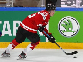 Canada's Owen Power skates against the United States at the World Hockey Championship in Riga, Latvia on May 23, 2021.
