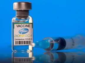 A vial labelled with the Pfizer-BioNTech COVID-19 vaccine is seen in this illustration picture taken March 19, 2021.