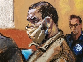 Singer R. Kelly appears during a hearing on sex trafficking allegations in Brooklyn federal court in New York City, Tuesday, Aug. 3, 2021 in this courtroom sketch.