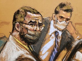 Singer R. Kelly sits beside lawyer Thomas Farinella during Kelly's sex abuse trial at Brooklyn's Federal District Court in New York City, Tuesday, Aug. 24, 2021 in a courtroom sketch.