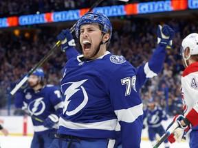 Tampa Bay Lightning left wing Ross Colton reacts after scoring a goal against Montreal Canadiens goaltender Carey Price (not pictured) during the second period in Game 5 of the 2021 Stanley Cup Final at Amalie Arena in Tampa, Fla., July 7, 2021.