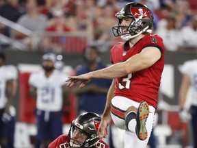 Buccaneers kicker Ryan Succop (3) makes a field goal against the Titans during the second quarter of an NFL preseason game at Raymond James Stadium, in Tampa, Fla., Saturday, Aug. 21, 2021.