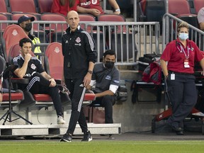Toronto FC interim head coach Javier Perez looks on during the first half against New York City FC at BMO Field Aug. 7, 2021.