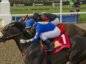 Riptide Rock is edged out at the wire by Safe Conduct for a hard-luck second-place finish at the Queen’s Plate yesterday at Woodbine. Ridden by David Moran, Riptide Rock got squeezed early in the race and, despite a furious attempt to come back, fell just short of giving trainer Sid Attard his first Plate victory.