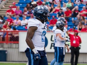 Toronto Argonauts wide receiver Ricky Collins Jr. (No. 2) lines up for a play during the Argonauts’ 23-20 win over the Calgary Stampeders on Aug. 7, 2021, in Calgary.