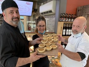 Annina's Bakeshop (from left to right) owner Marco Cassano, manager Rachel Chaput,  and pastry chef Dave Wilcox. NOTE: masks were lowered for the photo, no one else was in the store and remaining staff were in the kitchen.
