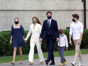 Prime Minister Justin Trudeau, his wife Sophie Gregoire Trudeau and children Ella-Grace, Hadrien and Xavier arrive at Rideau Hall to ask Governor General Mary Simon to dissolve Parliament Aug. 15, 2021 in Ottawa.