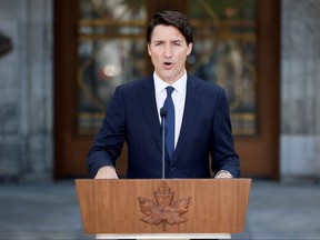 Prime Minister Justin Trudeau announces a federal election, outside Rideau Hall in Ottawa, Aug. 15, 2021.