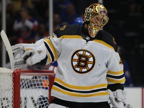 Boston Bruins goalie Tuukka Rask reacts after a goal by the New York Islanders during the second period of Game 6 of the second round of the 2021 Stanley Cup Playoffs at Nassau Veterans Memorial Coliseum in Uniondale, N.Y., June 9, 2021.