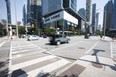 The intersection of York and Harbour Sts. in Toronto where pedestrian Venugnan Raveentrin, 29, was struck and killed by a driver who fled the scene on Thursday, Aug. 26, 2021.
