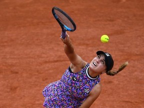 Sofia Kenin of the US serves the ball to Jessica Pegula of the US during their women's singles third round tennis match on Day 7 of The Roland Garros 2021 French Open tennis tournament in Paris on June 5, 2021.
