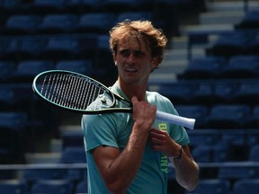 Germany's Alexander Zverev attends a practice session ahead of the 2021 US Open Tennis tournament at the Billie Jean King National Tennis Center in Queens, New York on August 27, 2021.