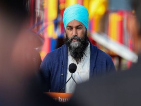Jagmeet Singh, leader of the New Democratic Party, speaks about affordable housing during election campaign stop at Sinclair Park in Winnipeg, Aug. 26, 2021.
